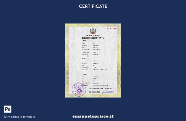 modello PSD del certificato di nascita dello stato civile della Francia in stile